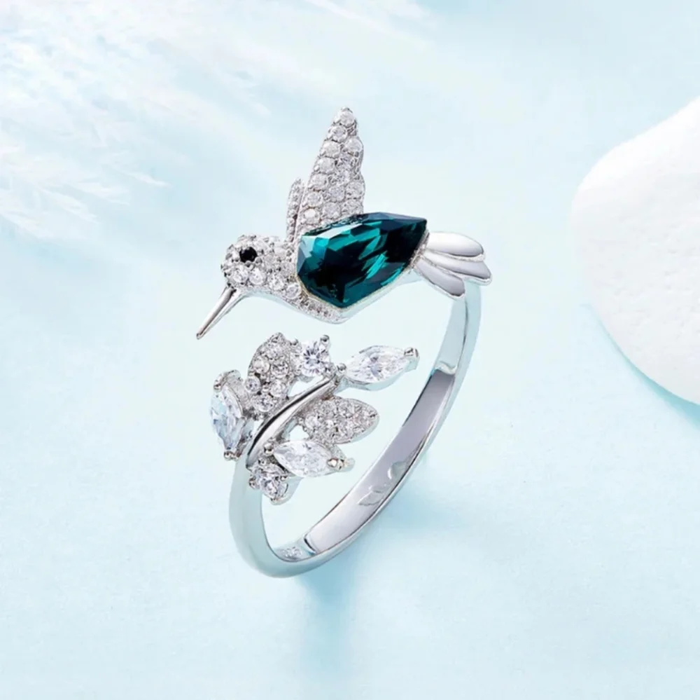 Elegant Natural Blue Stone Adjustable Hummingbird Ring for Women Glass Filled - Picture 2 of 10